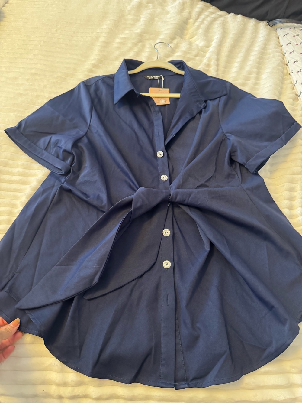 BloomChic Navy Short Sleeve Button-Front Tie-Detail Shirt